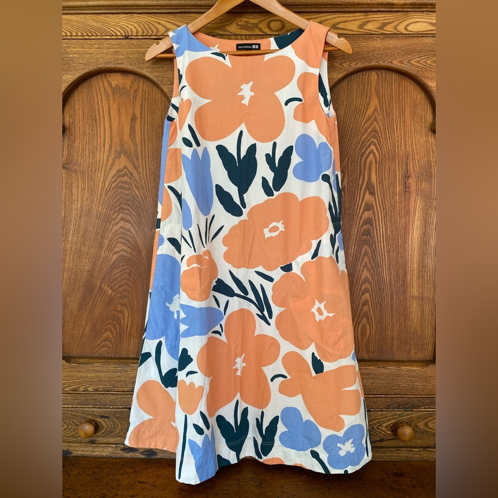 Marimekko x Uniqlo XXS XS floral cotton midi dress peach orange blue teal white